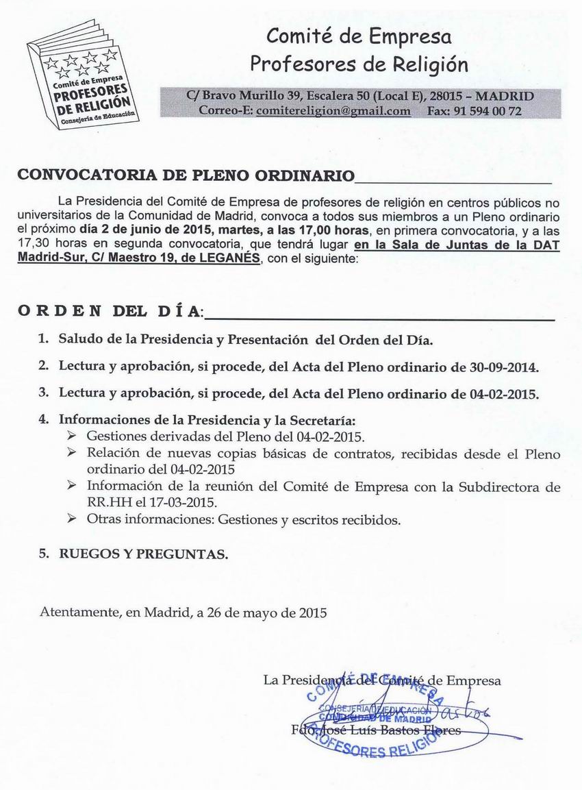 Comit deempresa pforesores de religin de Madrid, orden del da 2-6-2015