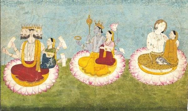 Brahma, Visnú y Shiva con sus esposas (c1770)